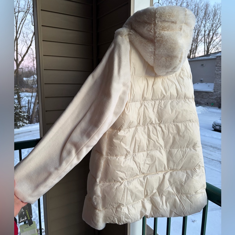 🆕❄️Sam Edelman Reversible Faux Fur Hooded Outwear Wool Coat Cream Jacket XL - Picture 6 of 17